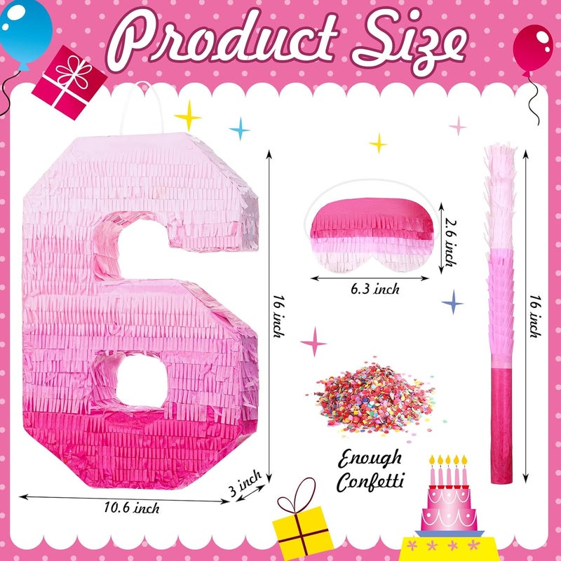 Sratte Number Piata Pink Piata Birthday Decorations Gradient with Stick Blindfold Confetti for Girls Boys Birthday Anniversary Party Decorations SuppliesNumber 6 - Image 2