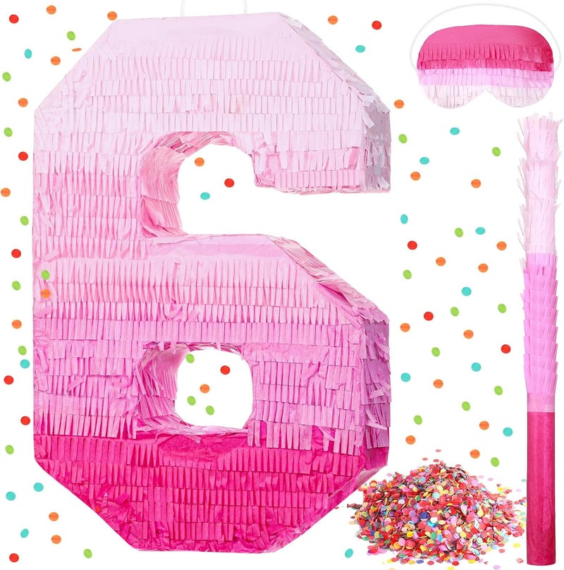 Sratte Number Piata Pink Piata Birthday Decorations Gradient with Stick Blindfold Confetti for Girls Boys Birthday Anniversary Party Decorations SuppliesNumber 6 - Image 1