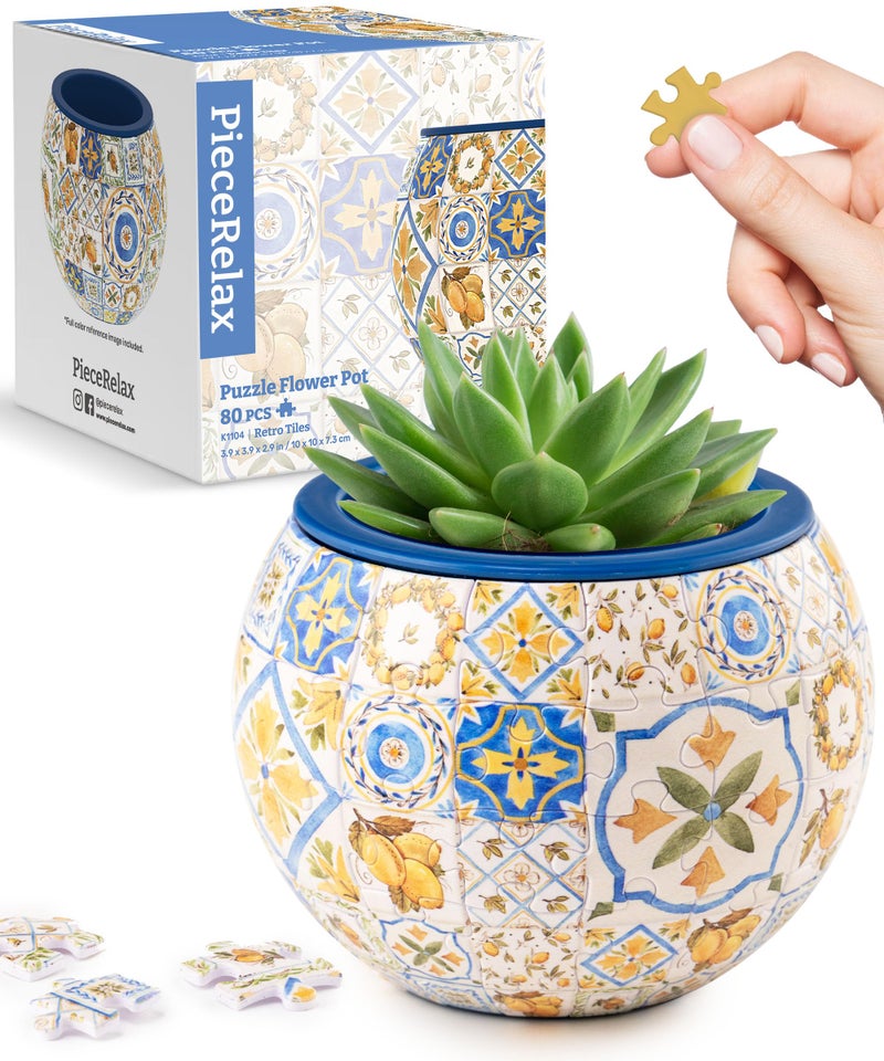 PieceRelax قطعة ريلاكس 3D لغز مزهرية - بلاط ريترو - نمط الفولكلور الدنماركي، أواني زهور ديكور منزلي لنباتات الصبار الداخلية، أواني العصارة [K1104] - Image 1