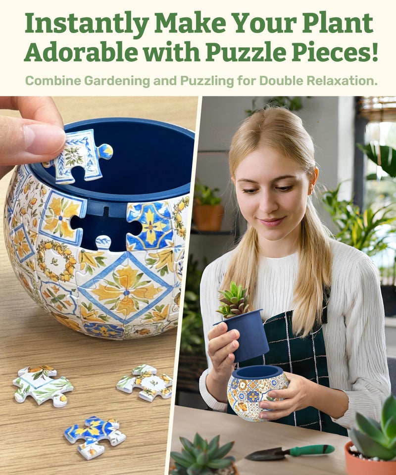 PieceRelax قطعة ريلاكس 3D لغز مزهرية - بلاط ريترو - نمط الفولكلور الدنماركي، أواني زهور ديكور منزلي لنباتات الصبار الداخلية، أواني العصارة [K1104] - Image 3