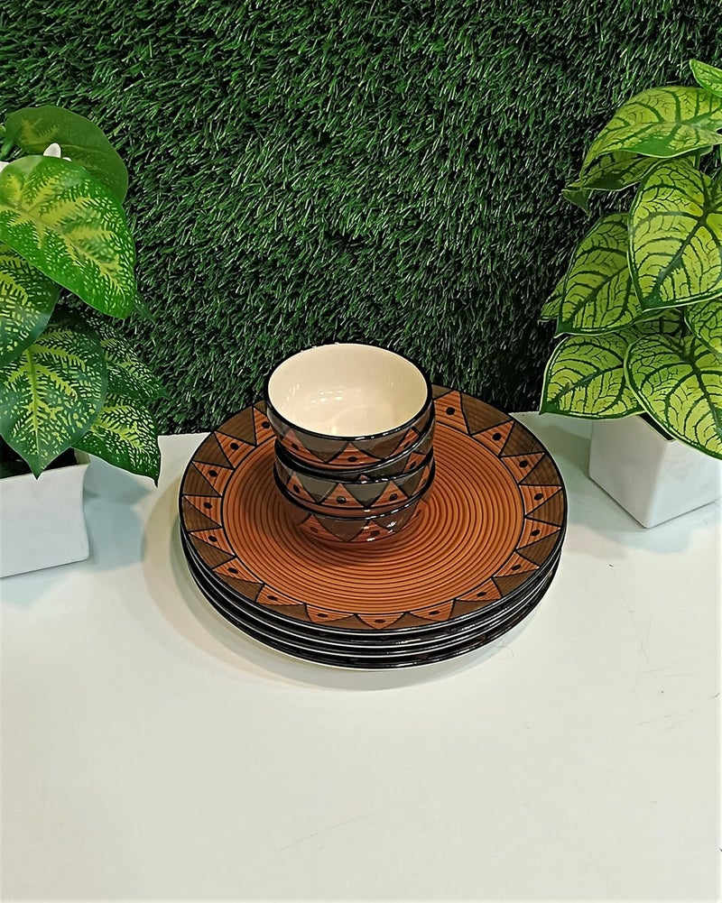 Caffeine Ceramic Handmade Stoneware Brown Soorya Combo Dinner Set of 8 Hand Painted Ceramic Dinner Plates with katori Bowl for Dinner (Microwave & Dishwasher Safe) - Image 1