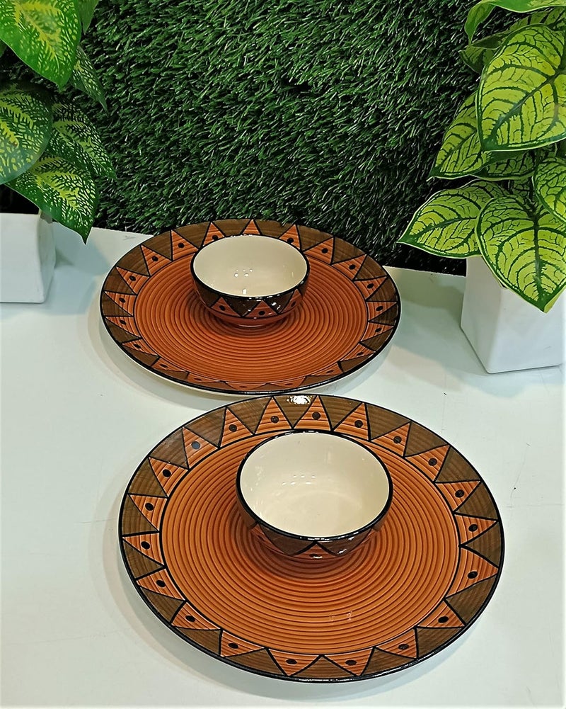 Caffeine Ceramic Handmade Stoneware Brown Soorya Combo Dinner Set of 8 Hand Painted Ceramic Dinner Plates with katori Bowl for Dinner (Microwave & Dishwasher Safe) - Image 2