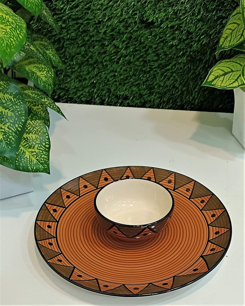 Caffeine Ceramic Handmade Stoneware Brown Soorya Combo Dinner Set of 8 Hand Painted Ceramic Dinner Plates with katori Bowl for Dinner (Microwave & Dishwasher Safe) - Image 4