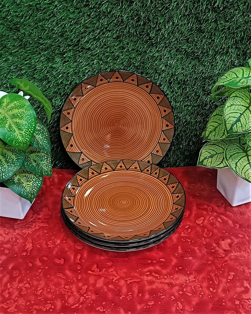 Caffeine Ceramic Handmade Stoneware Brown Soorya Combo Dinner Set of 8 Hand Painted Ceramic Dinner Plates with katori Bowl for Dinner (Microwave & Dishwasher Safe) - Image 3