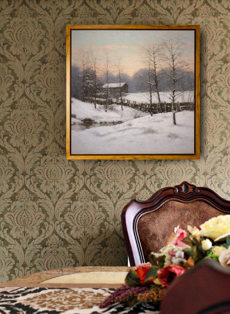 لوحة كانفاس على إطار خشبي بإطار خارجي باللون الخشبي وتصميم بيت كلاسيكي محاط بالأشجار والثلوج - Image 1