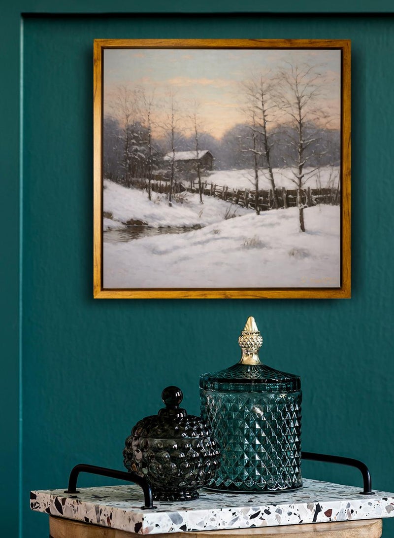لوحة كانفاس على إطار خشبي بإطار خارجي باللون الخشبي وتصميم بيت كلاسيكي محاط بالأشجار والثلوج - Image 4