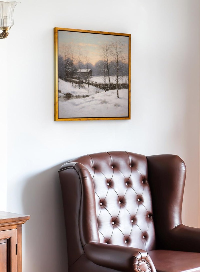 لوحة كانفاس على إطار خشبي بإطار خارجي باللون الخشبي وتصميم بيت كلاسيكي محاط بالأشجار والثلوج - Image 2