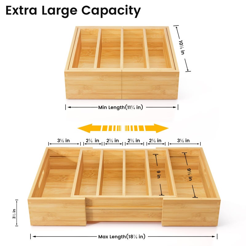 Kiasthome Expandable Bamboo Lid Organizers Inside Cabinet, Kitchen Cabinet Organizers with 3 Adjustable Dividers, Storage Plastic Lids, Food Container Lid Holder Organizer for Drawer Pantry, Nature - Image 2