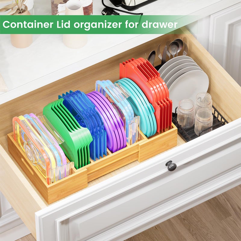 Kiasthome Expandable Bamboo Lid Organizers Inside Cabinet, Kitchen Cabinet Organizers with 3 Adjustable Dividers, Storage Plastic Lids, Food Container Lid Holder Organizer for Drawer Pantry, Nature - Image 4