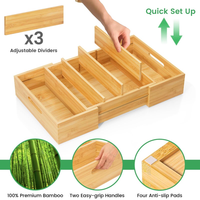 Kiasthome Expandable Bamboo Lid Organizers Inside Cabinet, Kitchen Cabinet Organizers with 3 Adjustable Dividers, Storage Plastic Lids, Food Container Lid Holder Organizer for Drawer Pantry, Nature - Image 5