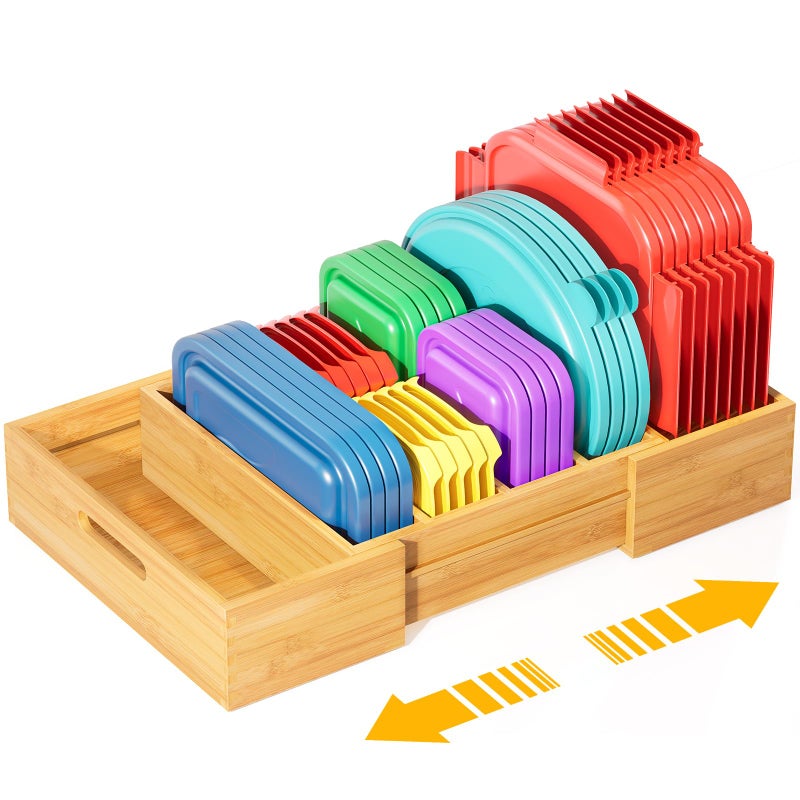 Kiasthome Expandable Bamboo Lid Organizers Inside Cabinet, Kitchen Cabinet Organizers with 3 Adjustable Dividers, Storage Plastic Lids, Food Container Lid Holder Organizer for Drawer Pantry, Nature - Image 1