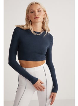 GRIMELANGE Essie Women's Crew Neck Slim Fit Long Sleeve Crop Petrol Blue Blouse  - Image 1
