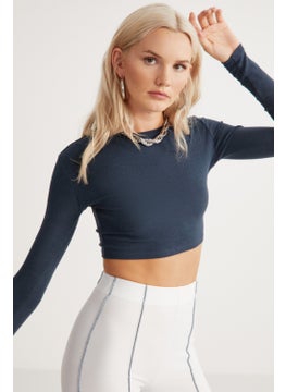 GRIMELANGE Essie Women's Crew Neck Slim Fit Long Sleeve Crop Petrol Blue Blouse  - Image 4