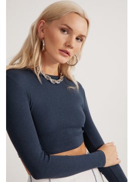 GRIMELANGE Essie Women's Crew Neck Slim Fit Long Sleeve Crop Petrol Blue Blouse  - Image 3