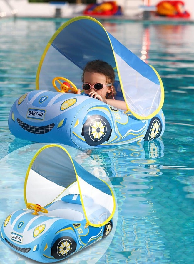 SwimBoBo Baby Swimming Inflatable Float with Sun Protection Canopy Children Waist Ring Pool Floats add Tail no flip Over Swim Trainer for Infants Swimming Buoy (Blue Sports Car Swimming Ring) - Image 1
