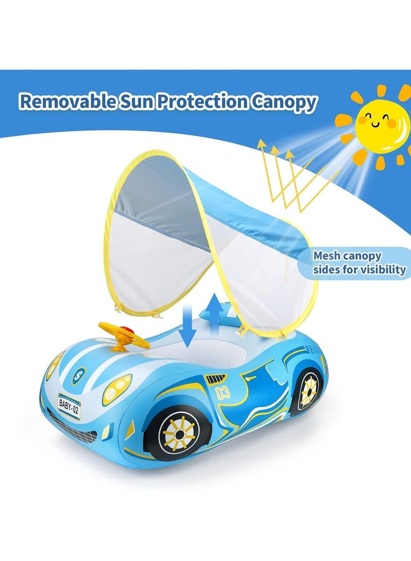 SwimBoBo Baby Swimming Inflatable Float with Sun Protection Canopy Children Waist Ring Pool Floats add Tail no flip Over Swim Trainer for Infants Swimming Buoy (Blue Sports Car Swimming Ring) - Image 2