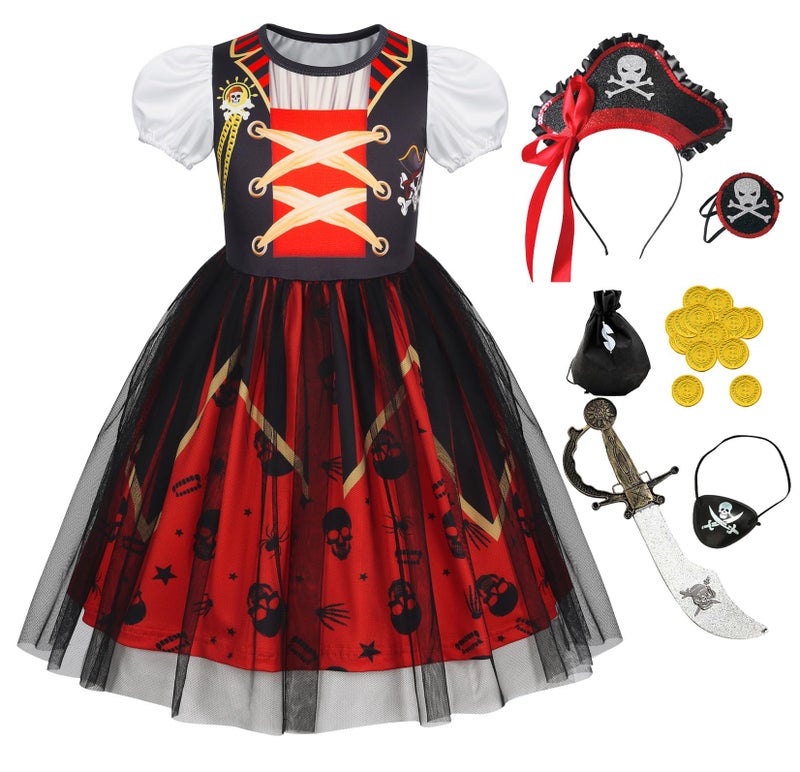 WonderBabe Girls Pirate Costume Pirate Dress with Accessories for Halloween Party Dress Up size 7-8 - Image 1