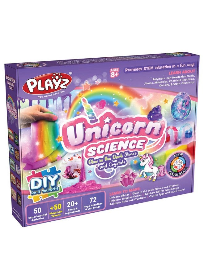 Playz Unicorn Slime & Crystals 100+ Science Experiments Kit Gift For Girls & Boys To Make Glow In The Dark Unicorn Poop, Snot, Fluffy Slime, Crystals, Putty, Arts & Crafts For Kids Age 8 12  - Image 1
