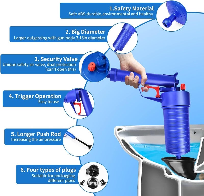 VishBin Toilet Unclogger Toilet Plunger Air Drain Blaster Drain Clog Remover Tool ABS Gun Body Pipe Unclogger Plunger Gun for Sink Toilets Bathroom Shower Kitchen Clogged Pipe - Image 3