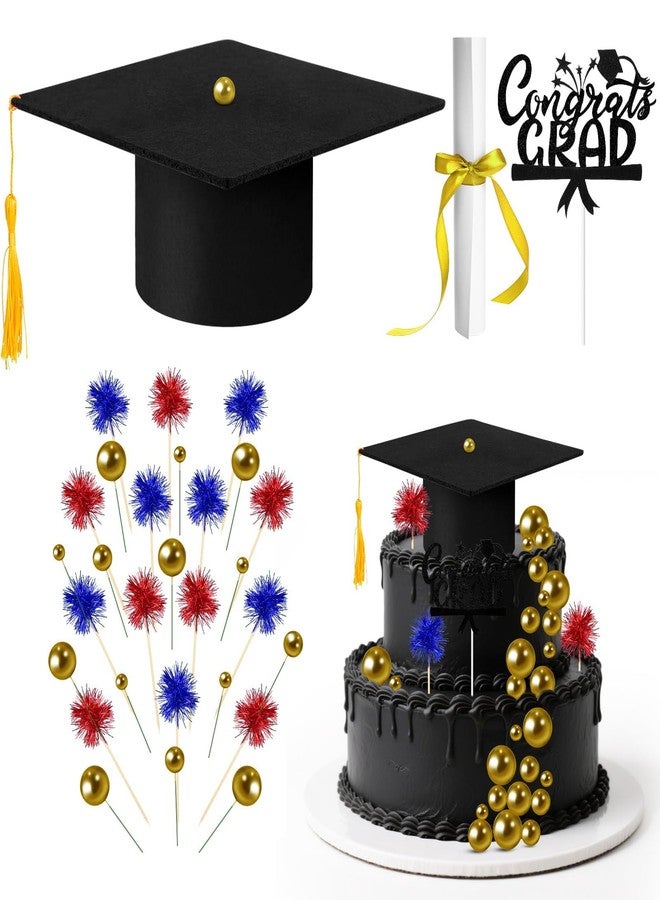 HSLCGF 32PCS Graduation Cake Decorations Kit for Class of 2026 Includes Felt Tassel Caps, Firework Cupcake Toppers, Diploma and Balls, Black Theme Party Supplies for High School,College Celebrations (Black) - Image 1
