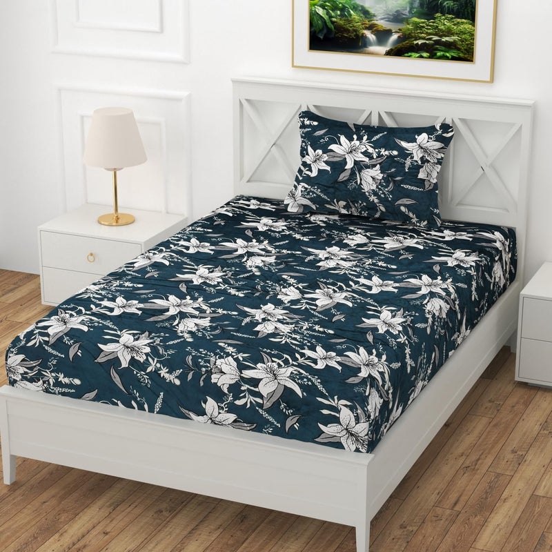 REALDREAM Real Dream Presents Luxurious Bedsheets for Winter Single Fitted FlannelWarm Single Bedsheet Fully Elasticized with 1 Pillow Cover 72 x 48 x 8 Inches FloralGreyish - Image 1