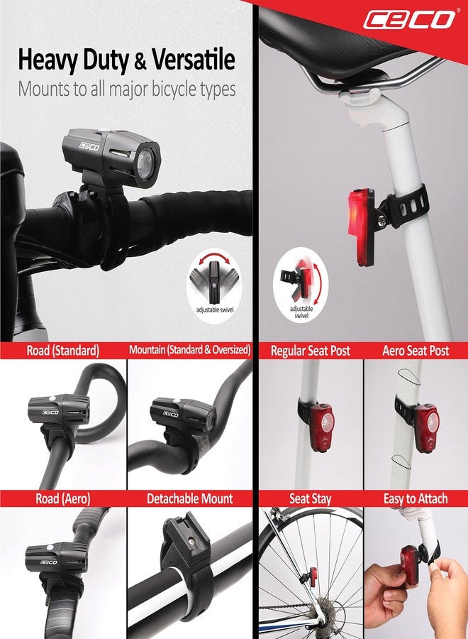 CECO-USA: 750 Lumen Headlight & 100 Lumen Tail Light Combo Pack for Cyclists who Want to See far & to be seen from afar. Brightest USB Rechargeable Bike Light Set Available for All Cyclists - Image 5