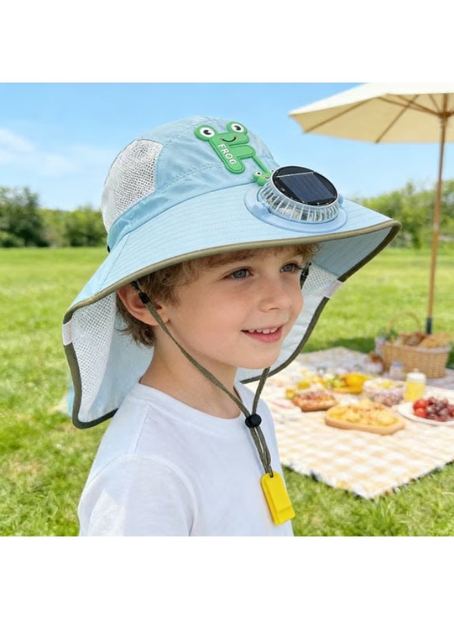Panda Sports Children's sun hat, Blue,rechargeable via solar power or USB, with a battery life of 3–5 hours. Features a sun visor, suitable for outdoor use, and provides UV protection to safeguard your child's skin. - Image 4