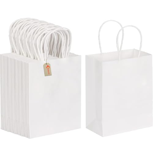 Aakriti Kraft Paper Bags with Handles, White Small Gift Bags Bulk, Retail Bags, Shopping, Birthday Wedding Party Favour, Merchandise | Small Size: 7x3.5x8.5 inch WHITE (Pack of 10) - Image 1