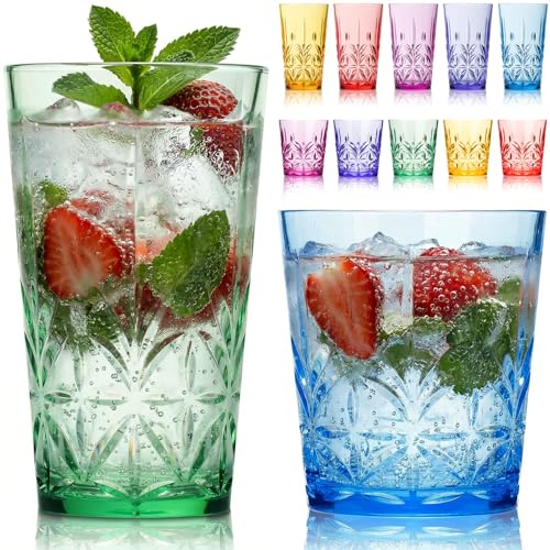 Bravario Royal Plastic Drinking Glasses, 13 and 18 oz Set of 12, Plastic Cups Reusable Dishwasher Safe, Premium Juice & Water Tumblers for Home Kitchen Pool Party, BPA-Free Durable Mixed Colors Gift - Image 1