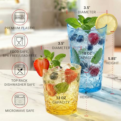 Bravario Royal Plastic Drinking Glasses, 13 and 18 oz Set of 12, Plastic Cups Reusable Dishwasher Safe, Premium Juice & Water Tumblers for Home Kitchen Pool Party, BPA-Free Durable Mixed Colors Gift - Image 5