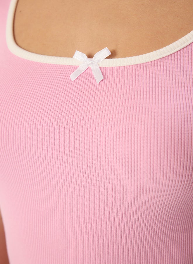 trendyol Pink Bow Contrast Piping Detail Fitted/Body-Smoothing Elastic Knitted Blouse  - Image 4
