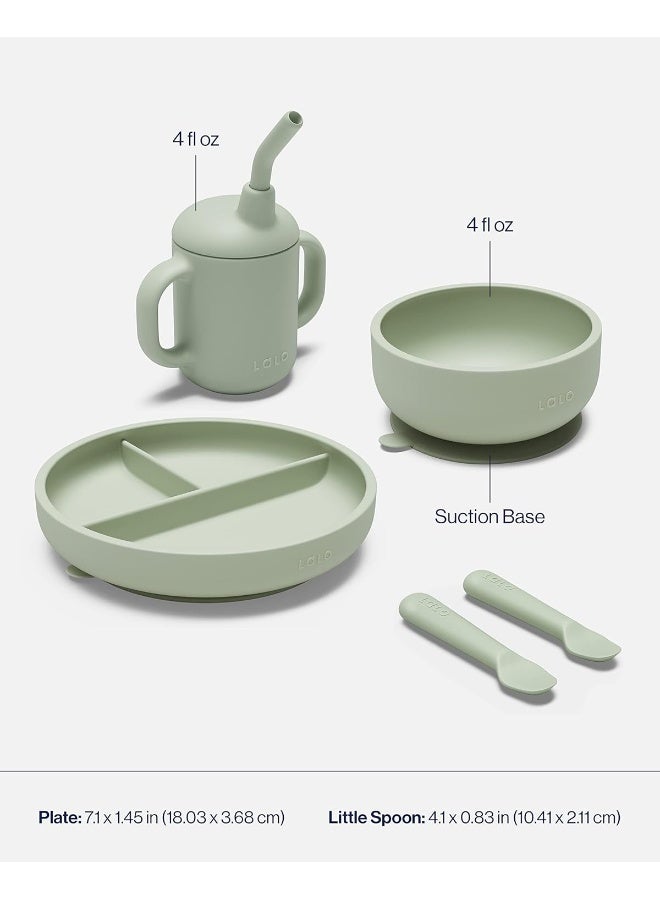 Lalo First Bites Silicone Baby Feeding Set - Baby Led Weaning Supplies - Non-Toxic Silicone - Includes 2 Bibs, 2 Spoons, Training Cup, Suction Plate and Bowl - 6 Pieces - Sage - Image 5