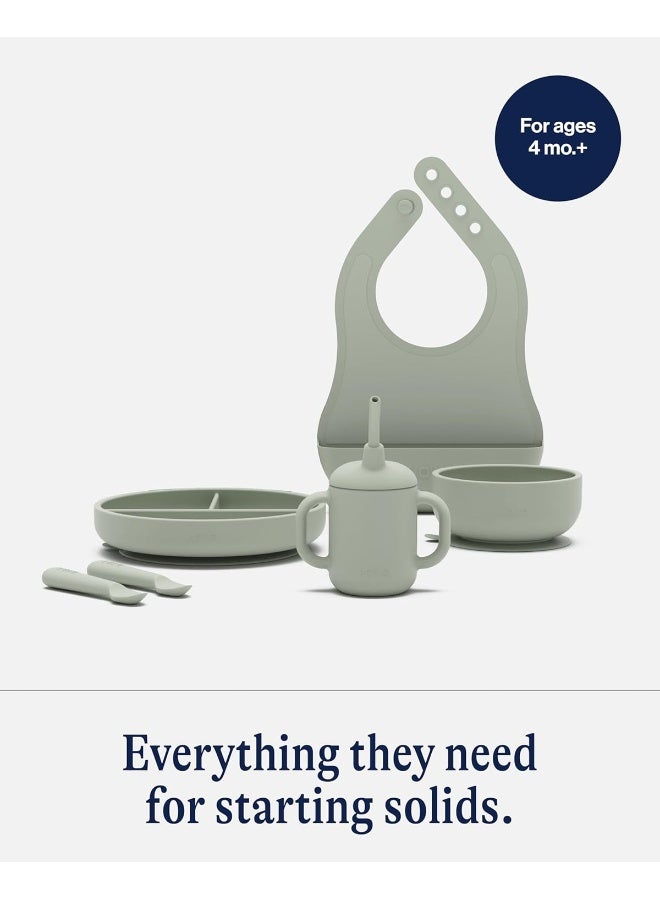 Lalo First Bites Silicone Baby Feeding Set - Baby Led Weaning Supplies - Non-Toxic Silicone - Includes 2 Bibs, 2 Spoons, Training Cup, Suction Plate and Bowl - 6 Pieces - Sage - Image 3