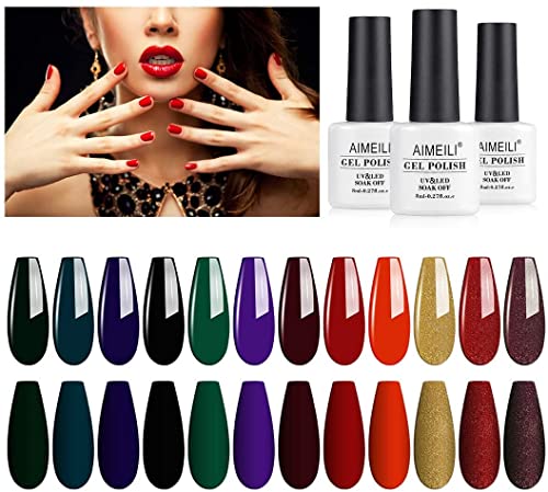 AIMEILI Hema Free Winter Gel Nail Polish Red Glitter Emerald Green Black Golden Cruelty Free Vegan Nail Polish Gel Gifts for Women, Set of 12pcs - Kit Set 5 - Image 1