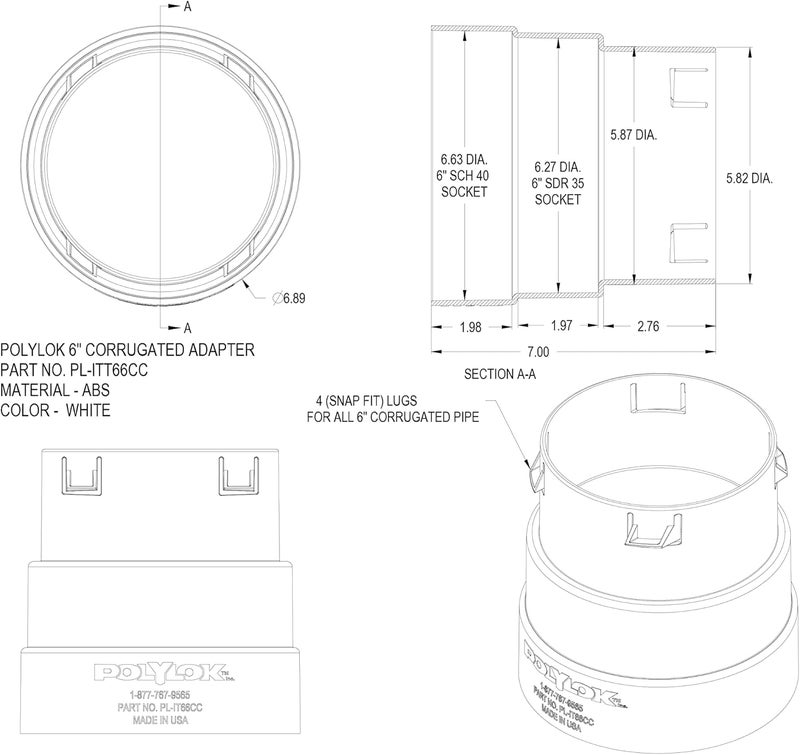 6" Corrugated Pipe Adapter (6" corrugated to 6" SDR 35 or 6" SCH 40)