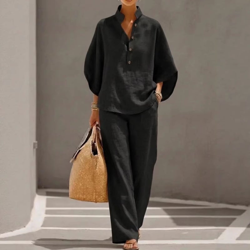 Cotton Linen Relaxed Fit Shirt and Pants Set Casual Summer Outfit - Image 1