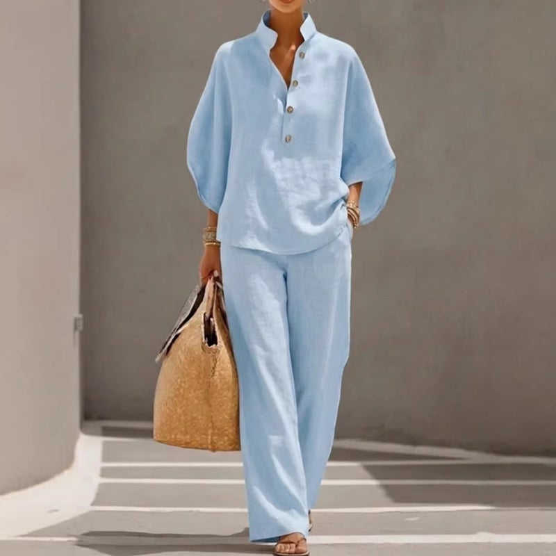 Cotton Linen Relaxed Fit Shirt and Pants Set Casual Summer Outfit - Image 4