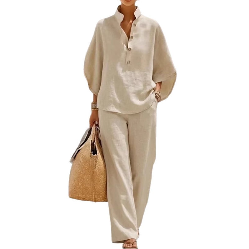 Cotton Linen Relaxed Fit Shirt and Pants Set Casual Summer Outfit - Image 5