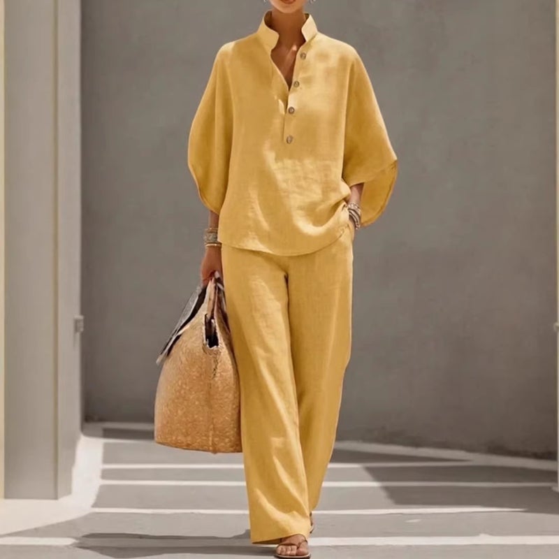 Cotton Linen Relaxed Fit Shirt and Pants Set Casual Summer Outfit - Image 3