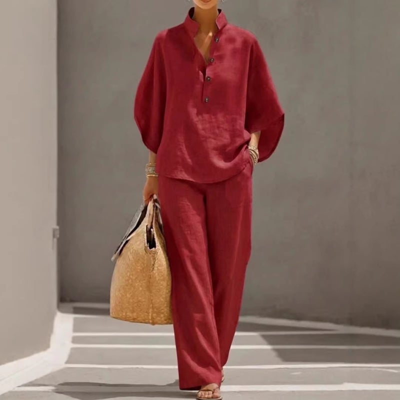 Cotton Linen Relaxed Fit Shirt and Pants Set Casual Summer Outfit - Image 2