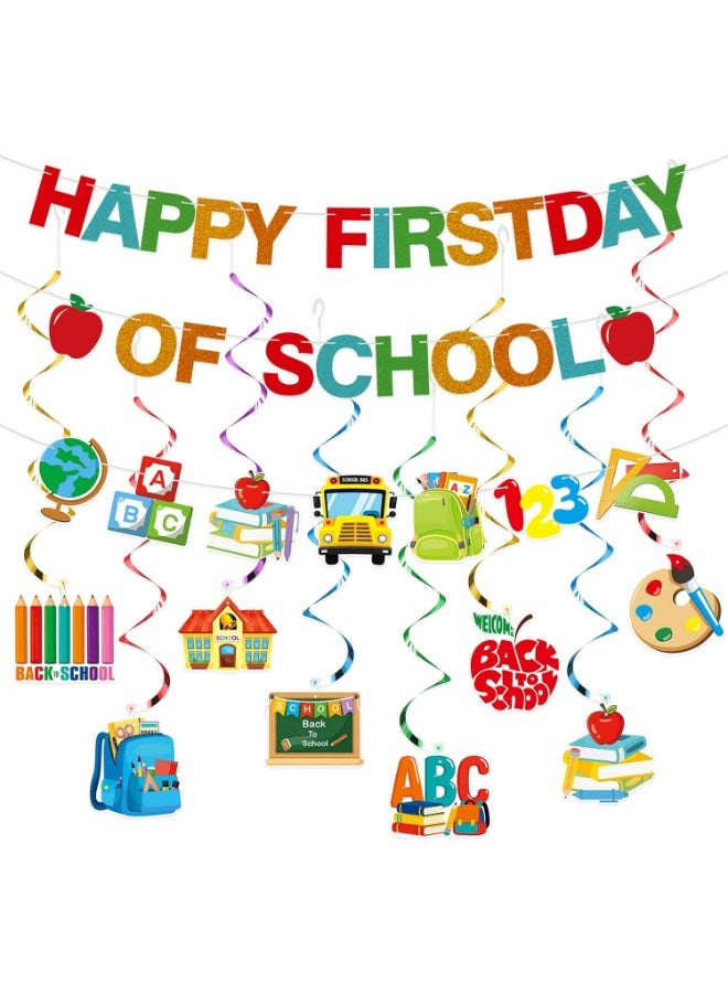 First Day of School Decorations, Back to School Banner with Hanging Swirls, Happy First Day of School Banner Garland for Classroom Welcome Kindergarten Preschool Elementary School Party Supplies