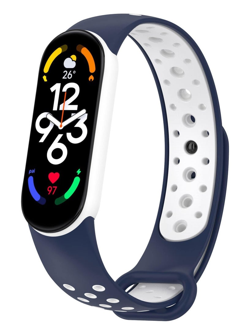 حزام لساعة Xiaomi Mi Band 5/6 للنساء والرجال، حزام بديل من السيليكون الناعم القابل للتعديل وقابل للتنفس بلونين (أزرق داكن/أبيض) - Image 1