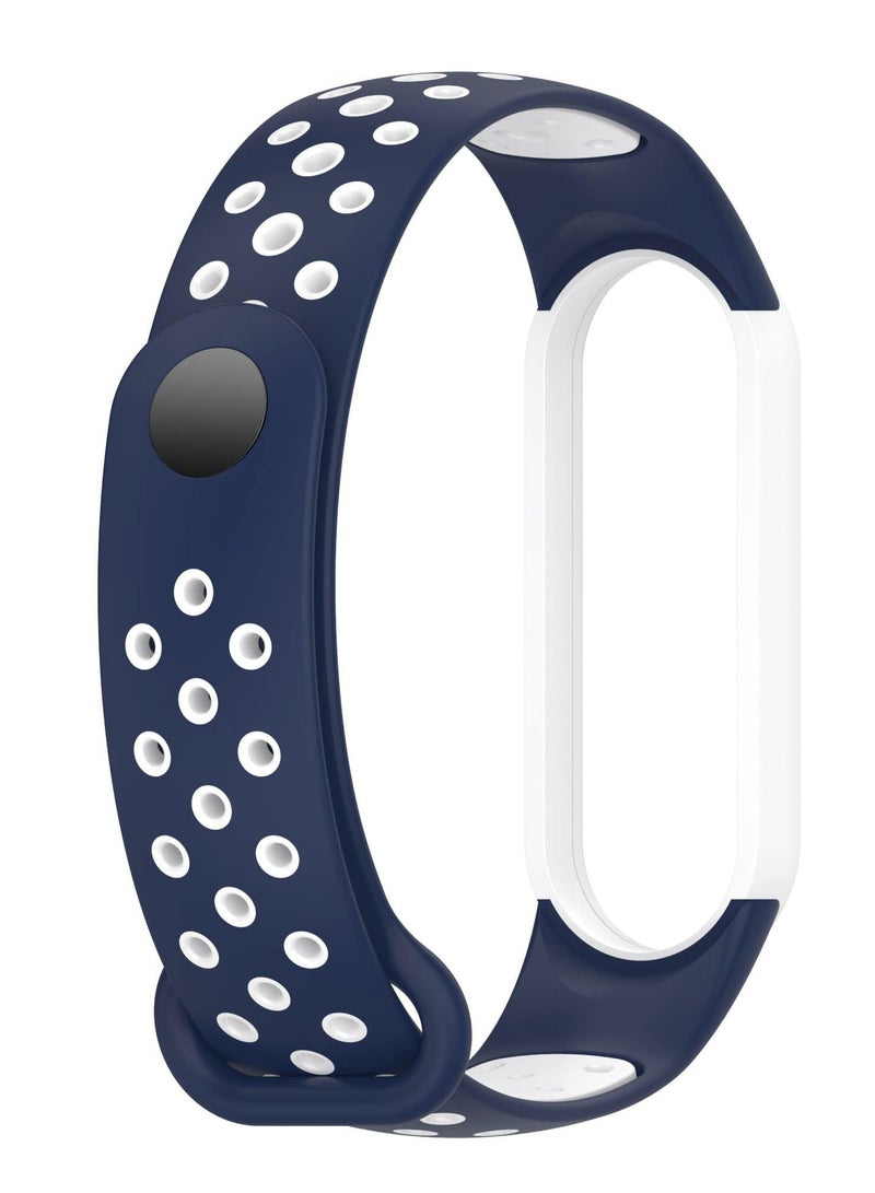 حزام لساعة Xiaomi Mi Band 5/6 للنساء والرجال، حزام بديل من السيليكون الناعم القابل للتعديل وقابل للتنفس بلونين (أزرق داكن/أبيض) - Image 4