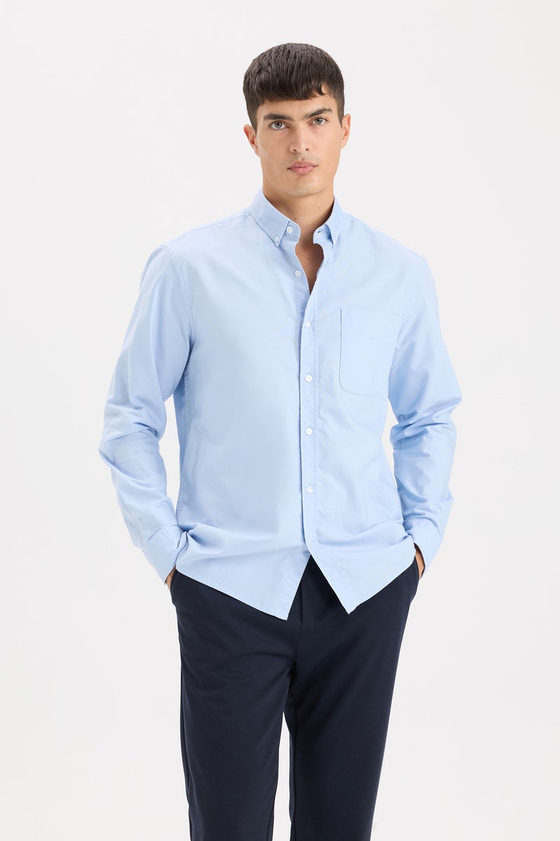 DeFacto Blue Man Regular Fit Polo Shirt Oxford Long Sleeve Shirt Casual - Image 3