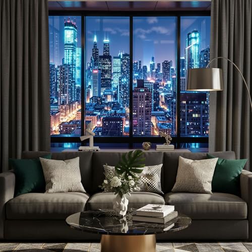 Lifeella City Night Window Tapestry, Cyberpunk Skyscraper Wall Backdrop, Blue Neon Urban View Mural for Bedroom Living Room Decor, 36x48 inches - Image 3