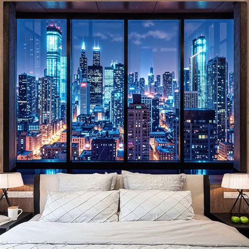 Lifeella City Night Window Tapestry, Cyberpunk Skyscraper Wall Backdrop, Blue Neon Urban View Mural for Bedroom Living Room Decor, 36x48 inches - Image 1