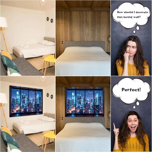Lifeella City Night Window Tapestry, Cyberpunk Skyscraper Wall Backdrop, Blue Neon Urban View Mural for Bedroom Living Room Decor, 36x48 inches - Image 4