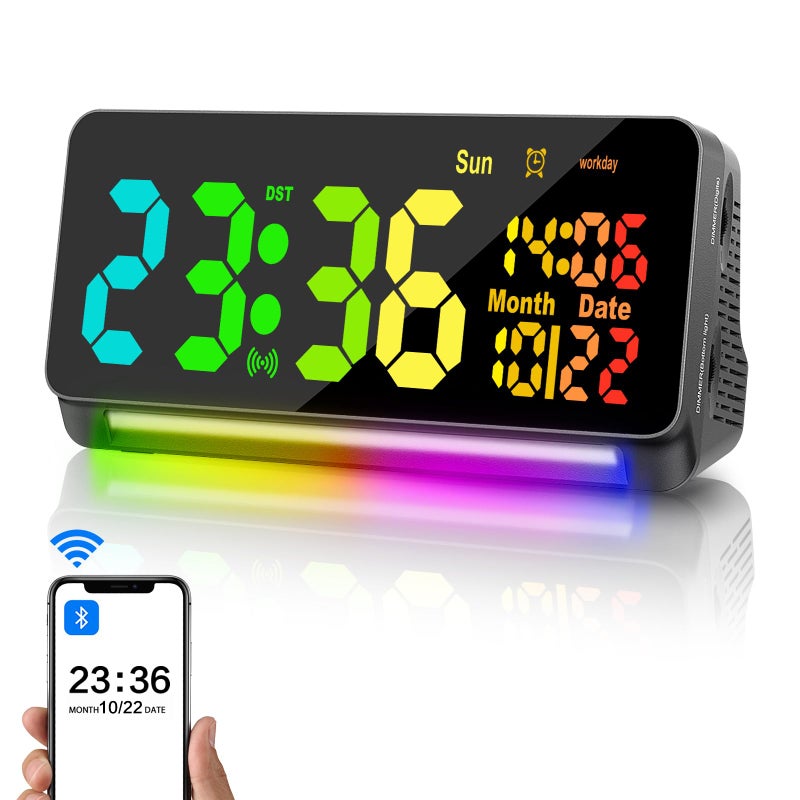 Samshow 120db Super Loud Alarm Clock Heavy Sleepers Adults Loud Alarm Clock Bluetooth Sync Time15 Wake Up Sounds 7 Color Night Light Dynamic RGB Color 0100 Dimmer SnoozeDST LED Dispay