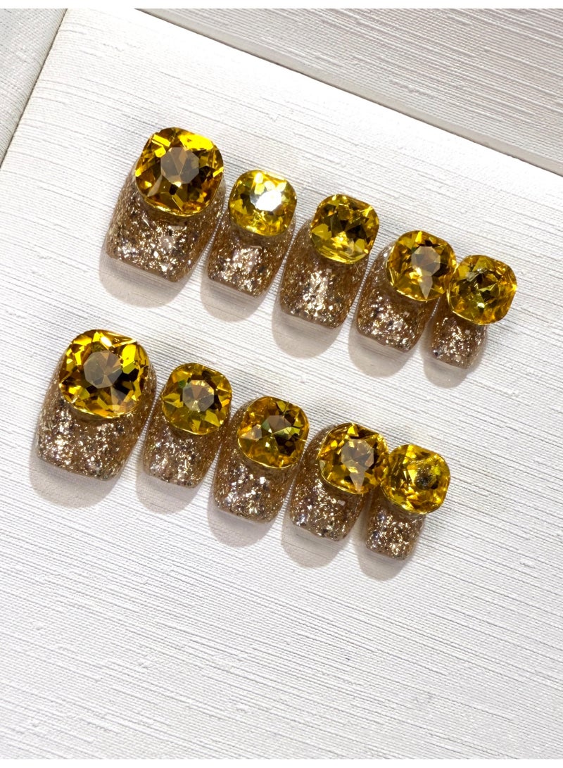 Pure Handcrafted Wearable Nail Art - Yellow Crystal Gold Glitter Patch, Short Style, Item No. x582 - Image 1