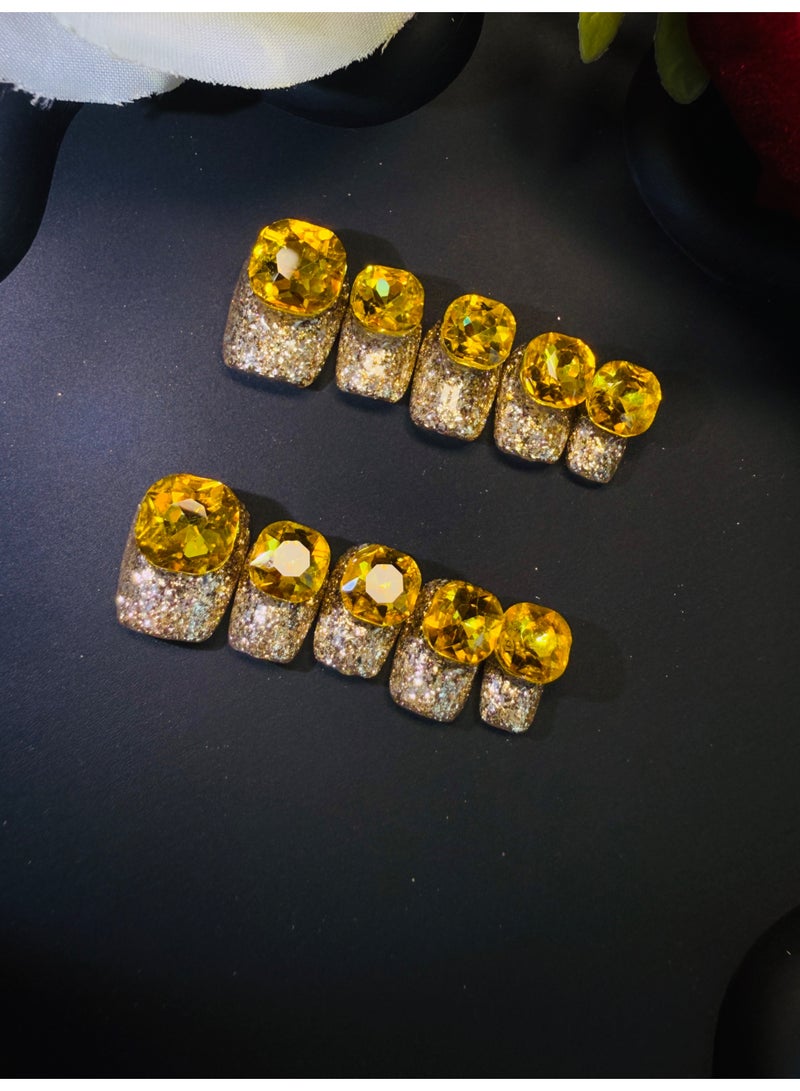 Pure Handcrafted Wearable Nail Art - Yellow Crystal Gold Glitter Patch, Short Style, Item No. x582 - Image 2